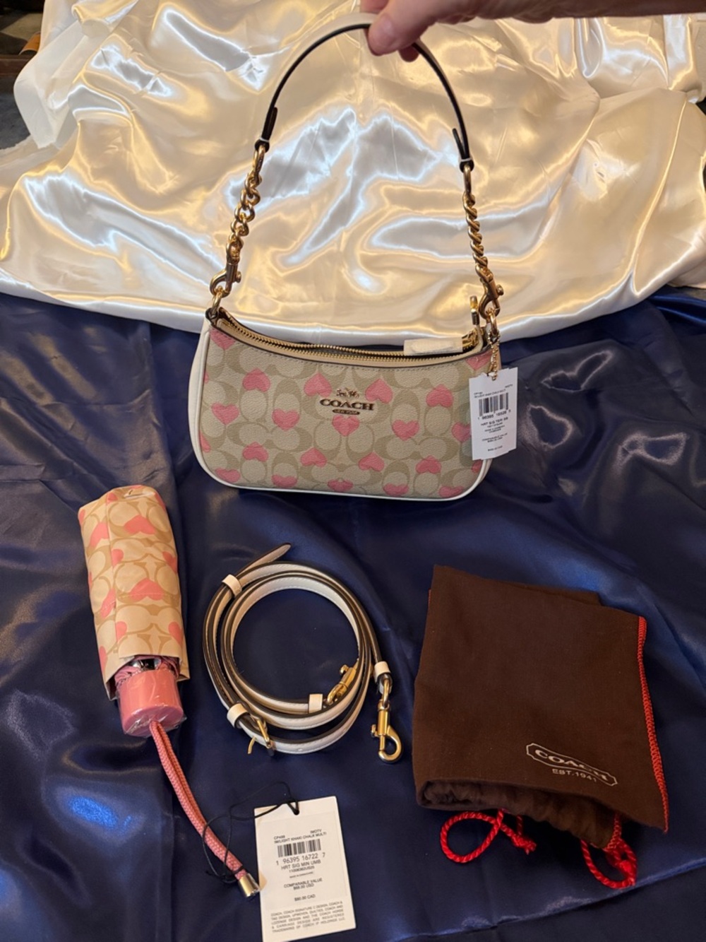 Coach Pink and Cream Heart SIG TERI  SB W/16” Strap & 45” Crossbody +MIN UMB